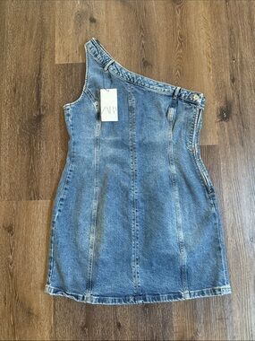 ZARA Asymmetric One-Shoulder Denim Dress - Blue